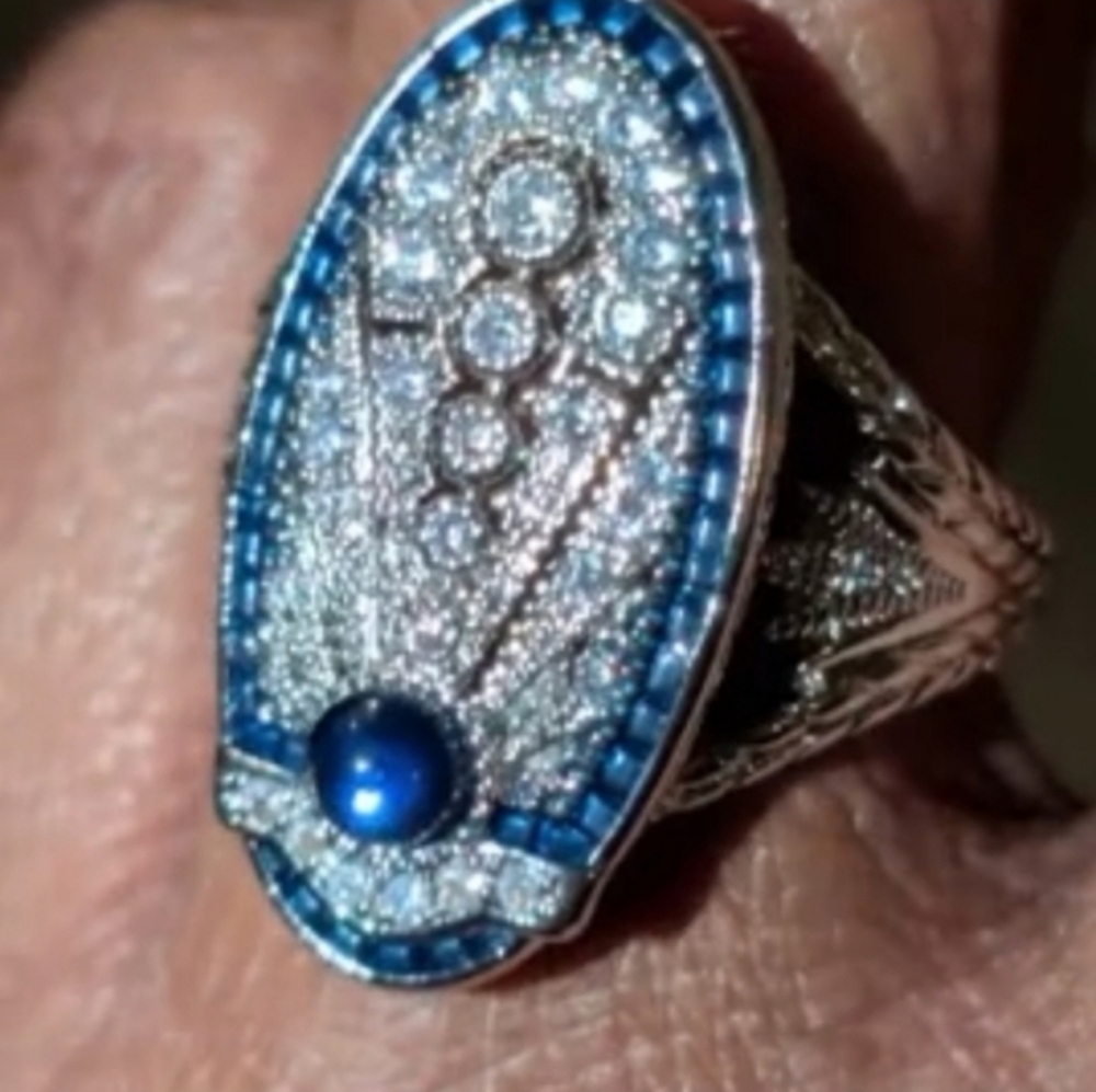 Art Deco Style Lab Created diamond Sapphire Wedding 14k White Gold Plated Sz 10 - Picture 7 of 15